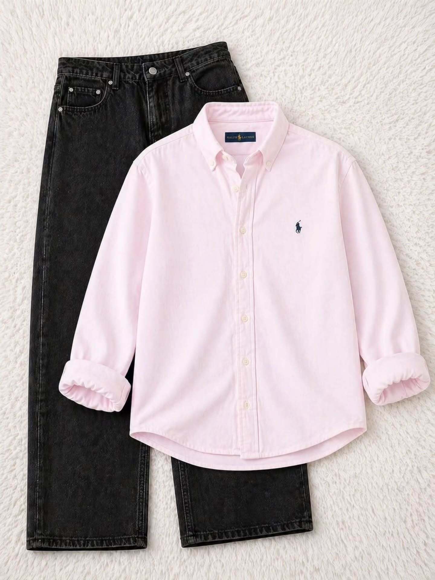 Light Blue Polo Ralph Lauren Solid Casual Shirt with Black Jeans Combo – Premium Street Style