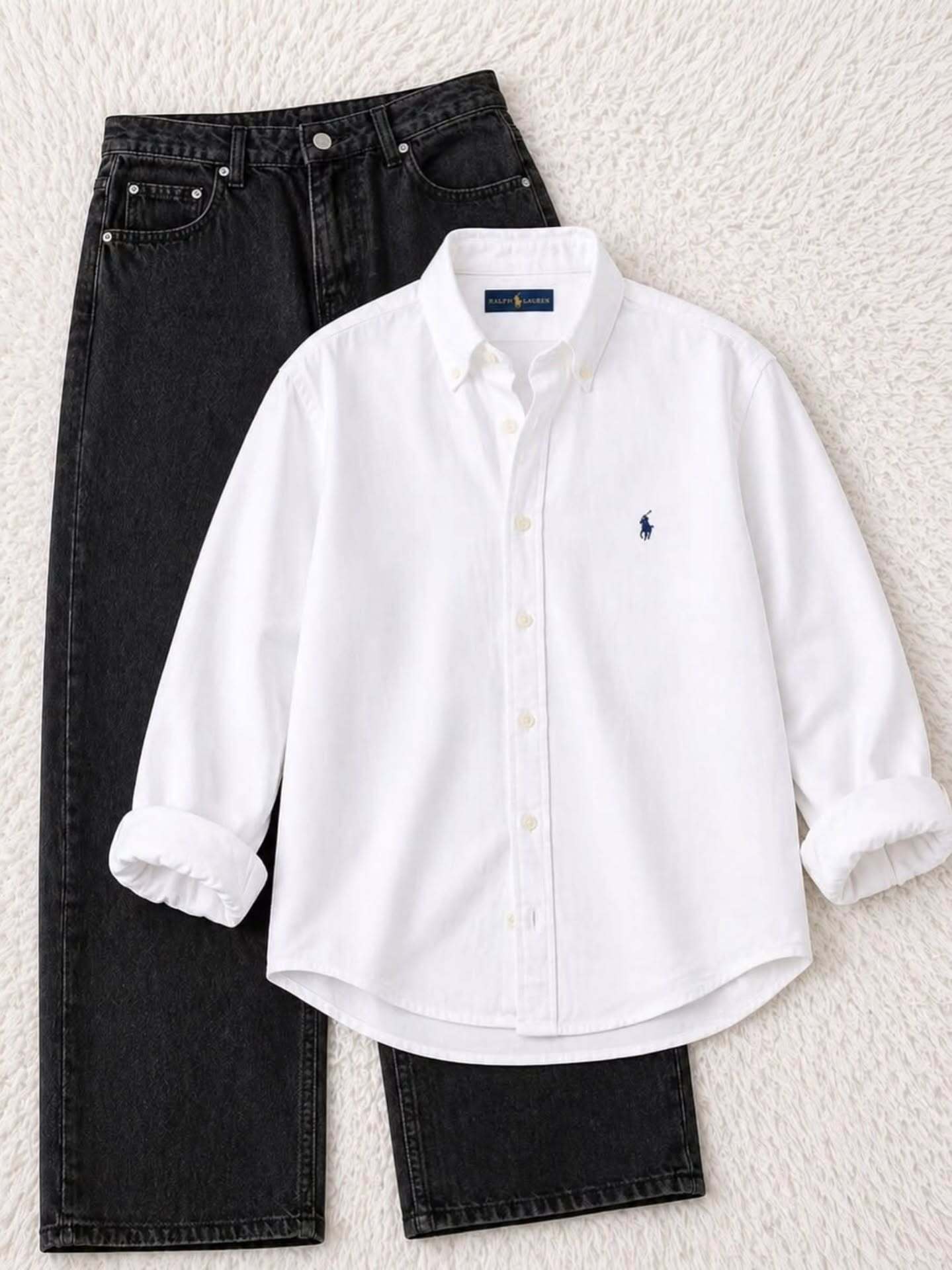 Light Blue Polo Ralph Lauren Solid Casual Shirt with Black Jeans Combo – Premium Street Style