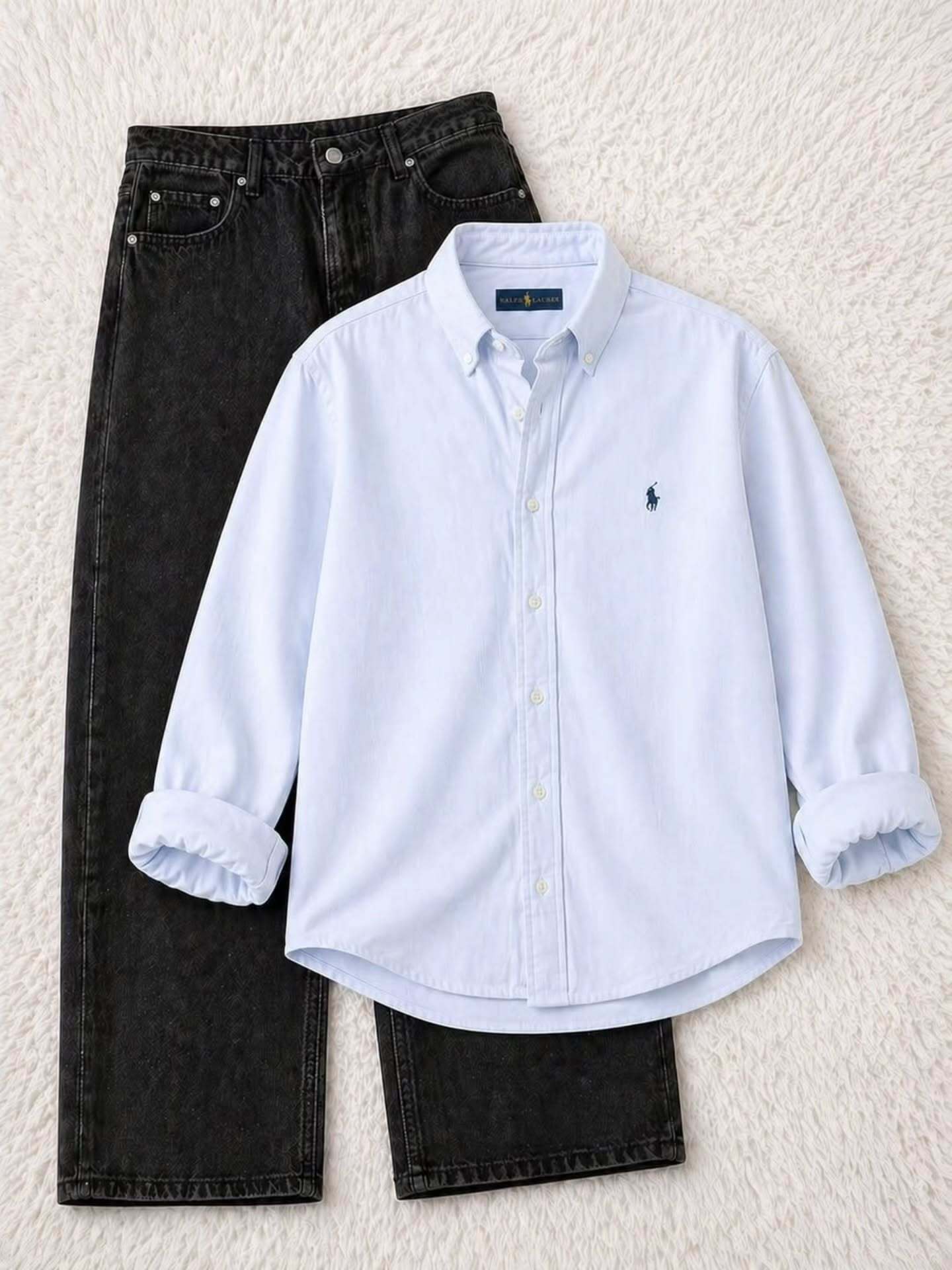 Light Blue Polo Ralph Lauren Solid Casual Shirt with Black Jeans Combo – Premium Street Style at Just ₹149/-