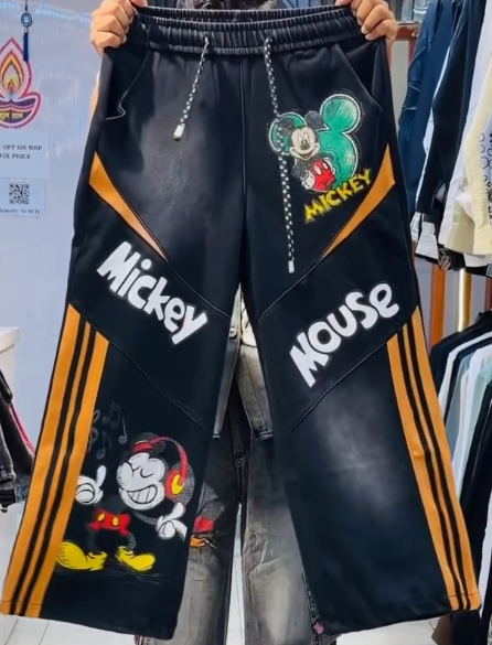 Trendy Cartoon Graphic Baggy Cargo Jeans & Wide-Leg Streetwear Pants
