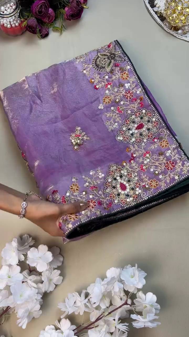 Elegant Lavender Organza Saree with Designer Embroidered Blouse