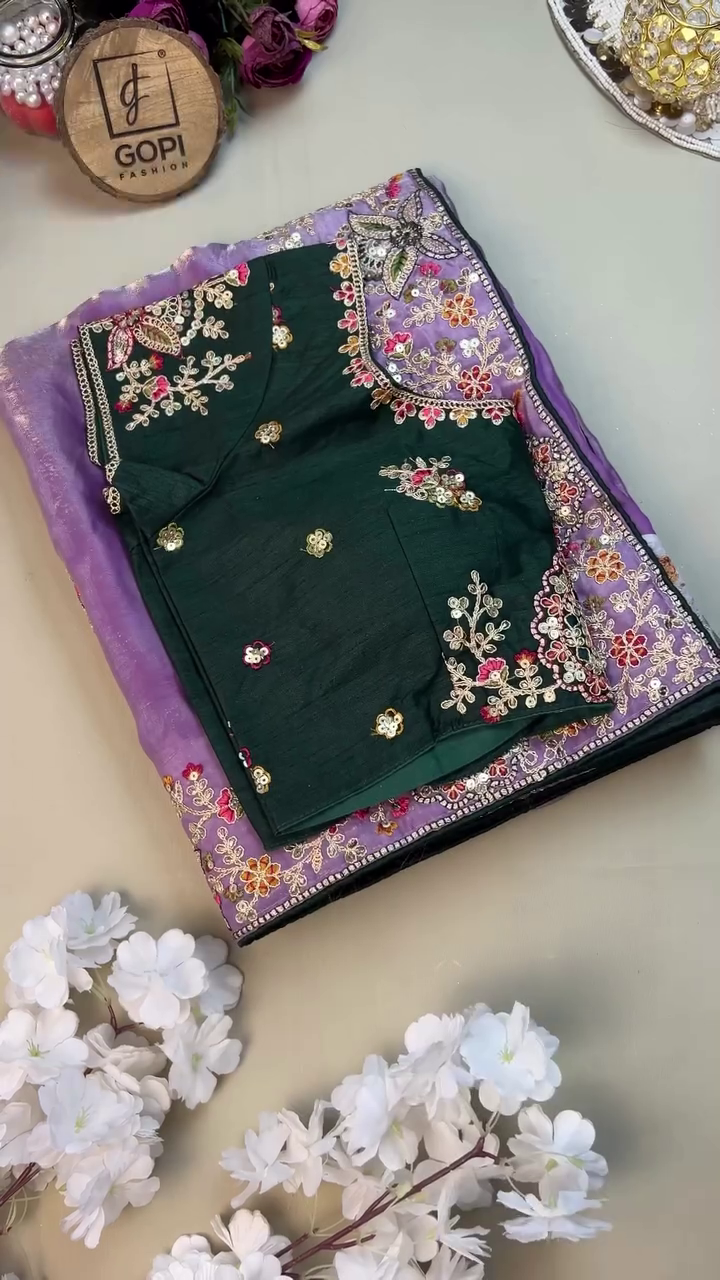 Elegant Lavender Organza Saree with Designer Embroidered Blouse
